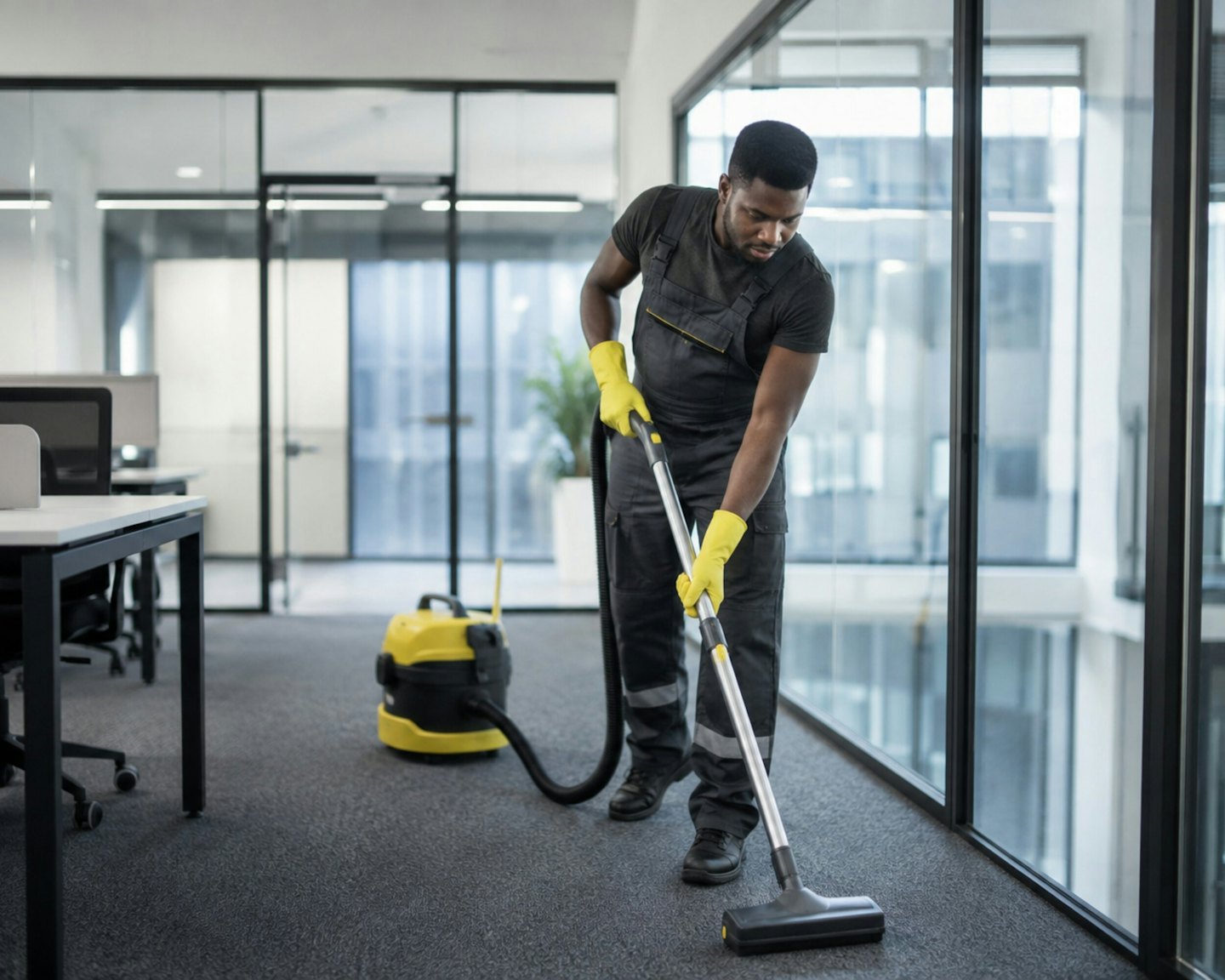 A person in overalls vacuums the modern office carpet.