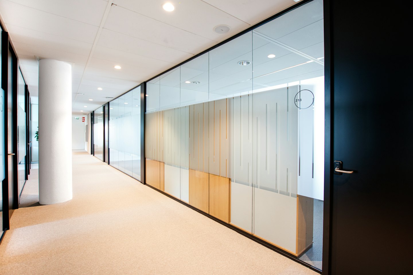 Modern office hallway with glass partitions and beige carpeting.